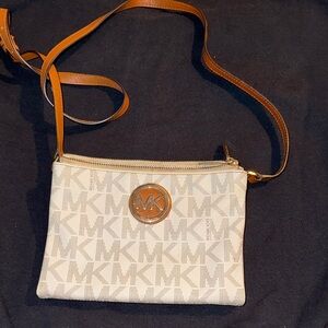 Michael Kors Cream MK Logo Crossbody with Brown Strap
